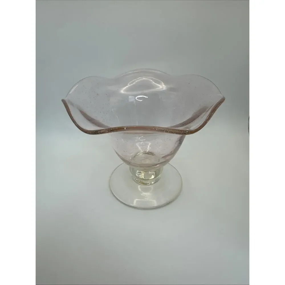 Vintage Pink Hued hand‎ blown glass art bubble glass footed compote dish 2 avail
